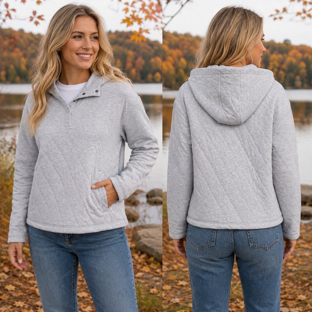 NEW‎ Lands End Womens Quilted Henley Pullover Hoodie Gray XL 11LEWS25102